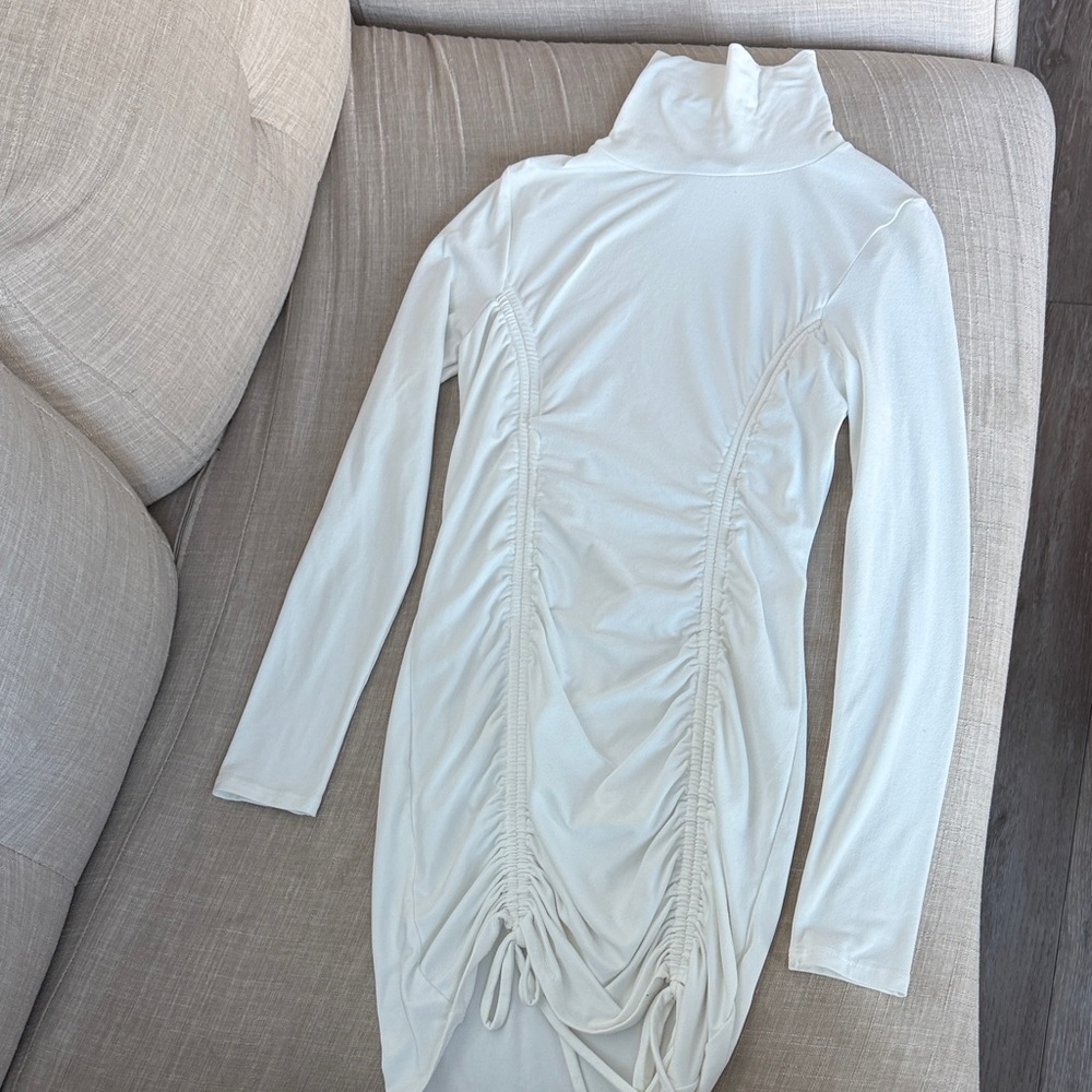 Elegant White Ruched Turtleneck Dress